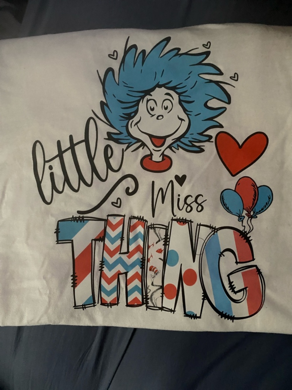 Gildan White 'Little Miss Thing' Graphic Tee with Blue and Red Accents